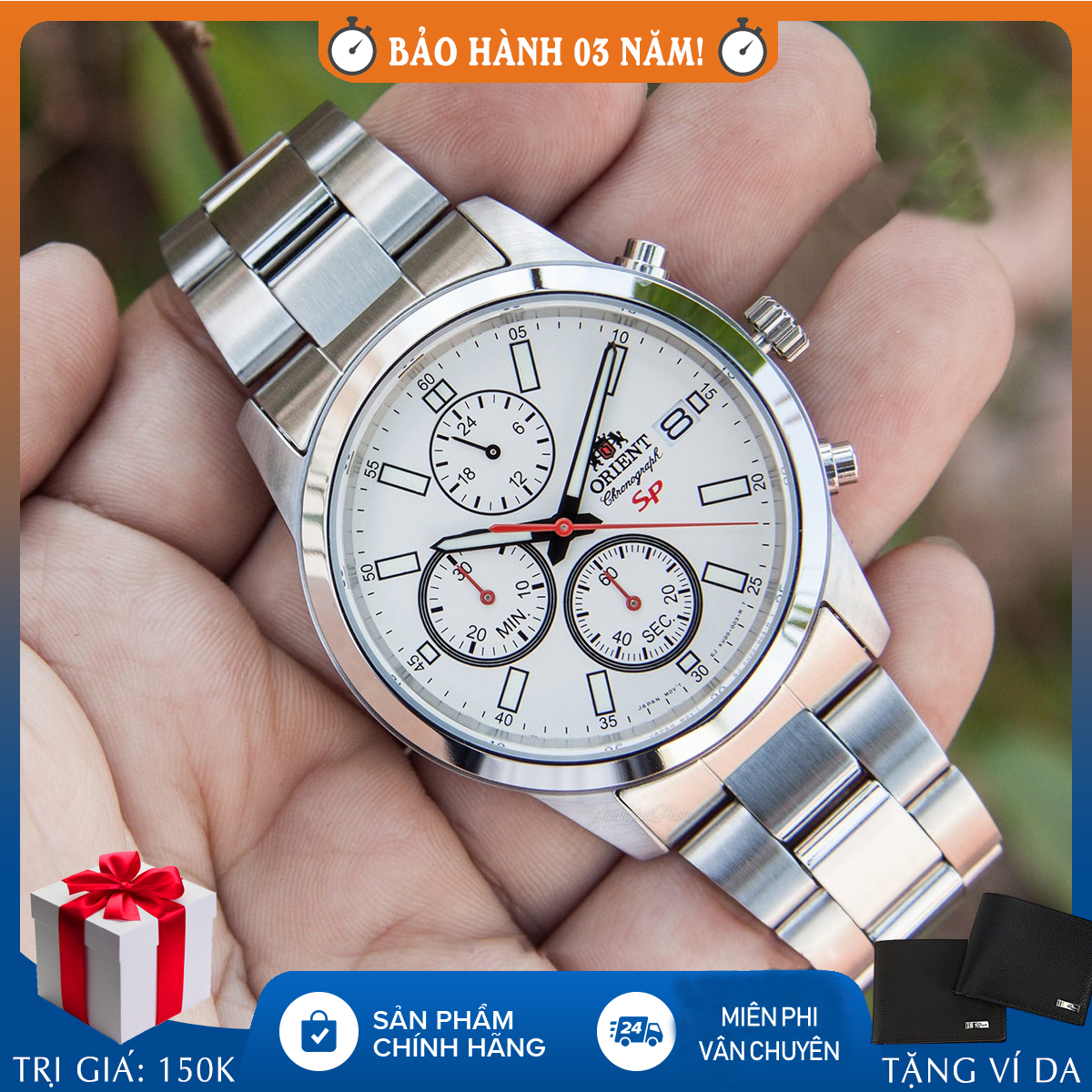 Đồng hồ nam Orient  FKU00003W0, full box, chronograph, dây thép, bảo hành 3 năm