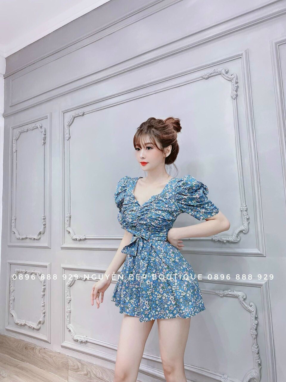 [HCM ] Jum hoa đùi cổ vuông tay búp nơ eo