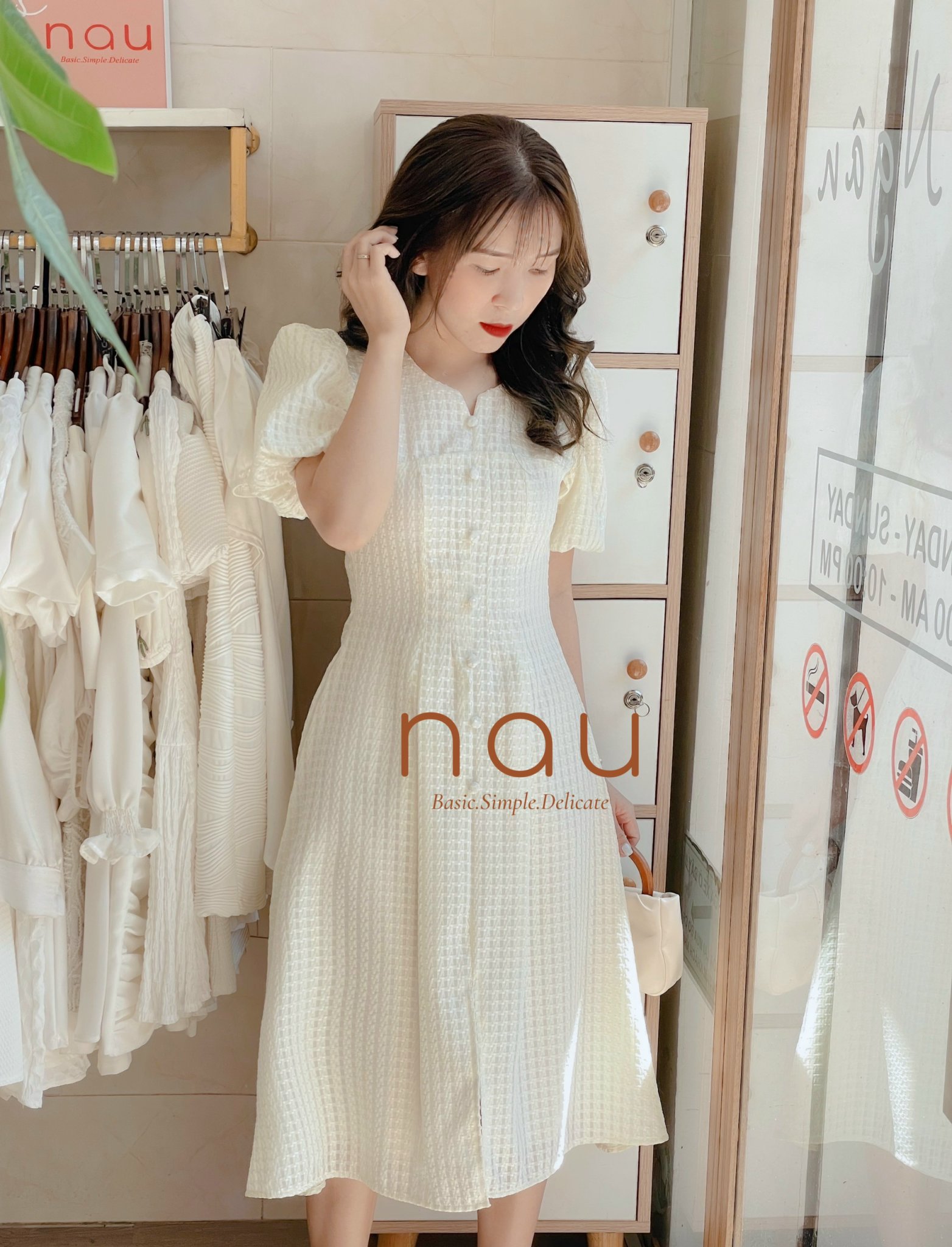 Đầm tay phồng phối nút bọc xẻ tà 5 màu