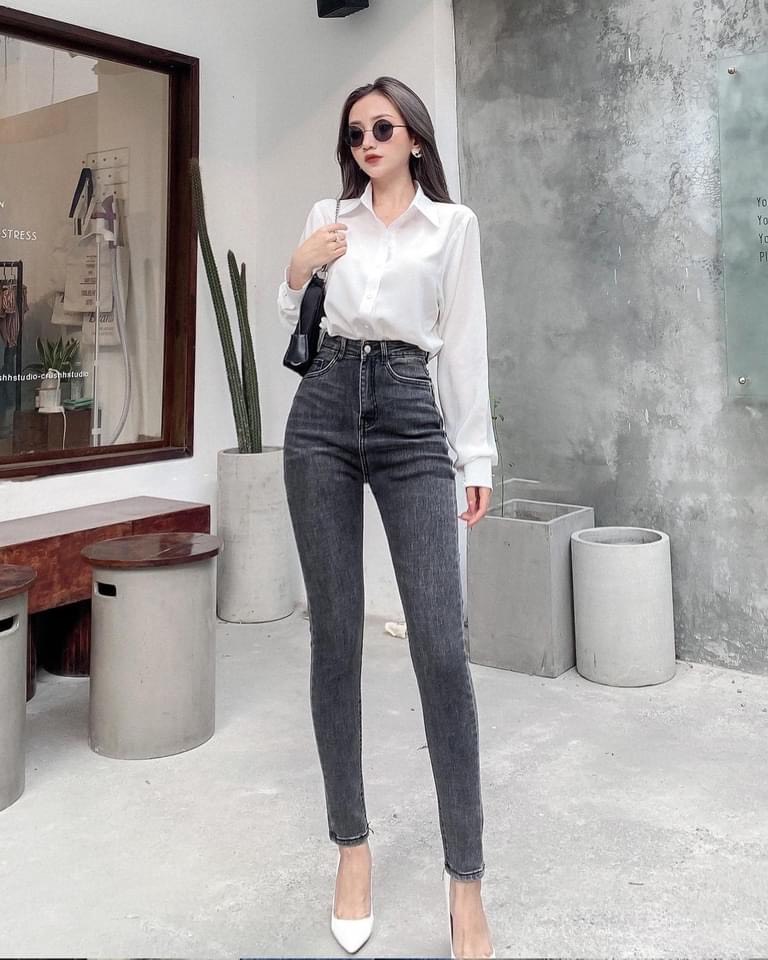 Quần jeans skinny màu xám trơn basic co giãn tốt lưng cao + áo thun trơn