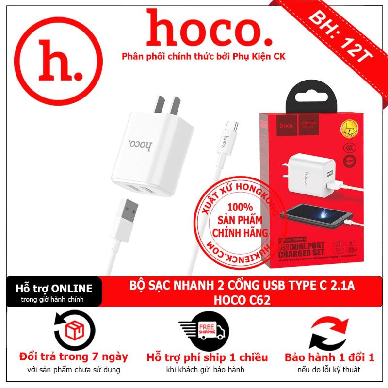 BỘ SẠC NHANH 2 CỔNG USB TYPE-C 2.1A HOCO C62