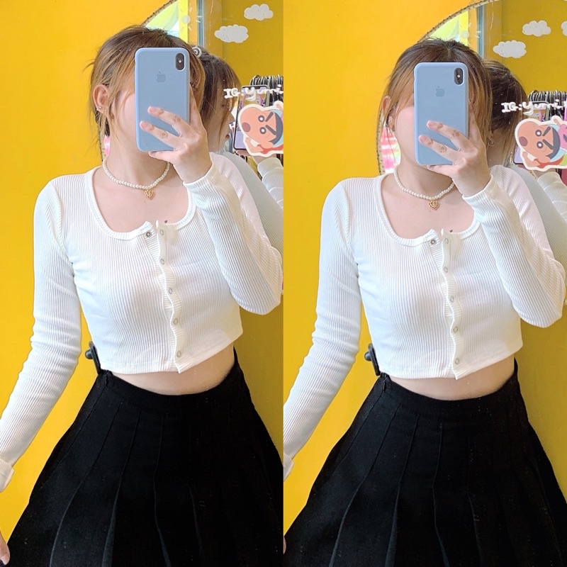 Áo croptop tay dài nút bấm áo tay dài trơn basic chất thun gân ulzzang