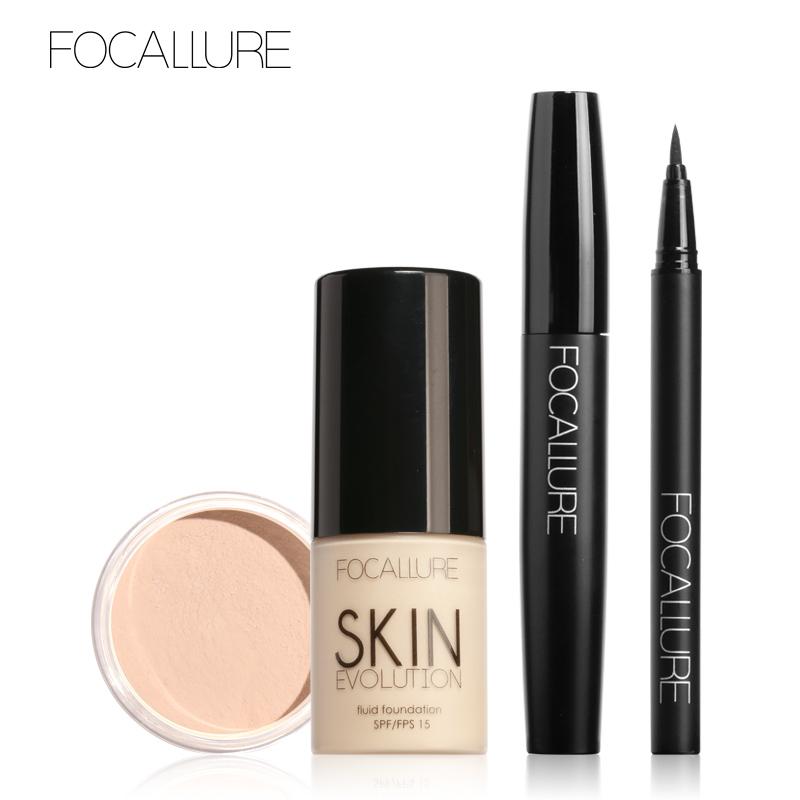 Bộ 4 sản phẩm trang điểm FOCALLURE gồm kem nền + phấn phủ + bút kẻ mắt + mascara thích hợp cho người mới bắt đầu - INTL