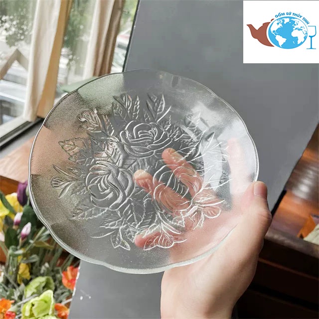 Dĩa thủy tinh bông hồng 16cm đựng thức ăn, dĩa đựng bánh kẹo trái cây