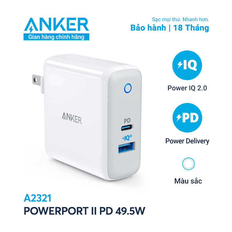 Sạc ANKER PowePort II PD 49.5W với 1 PD và 1 PIQ 2.0 - A2321