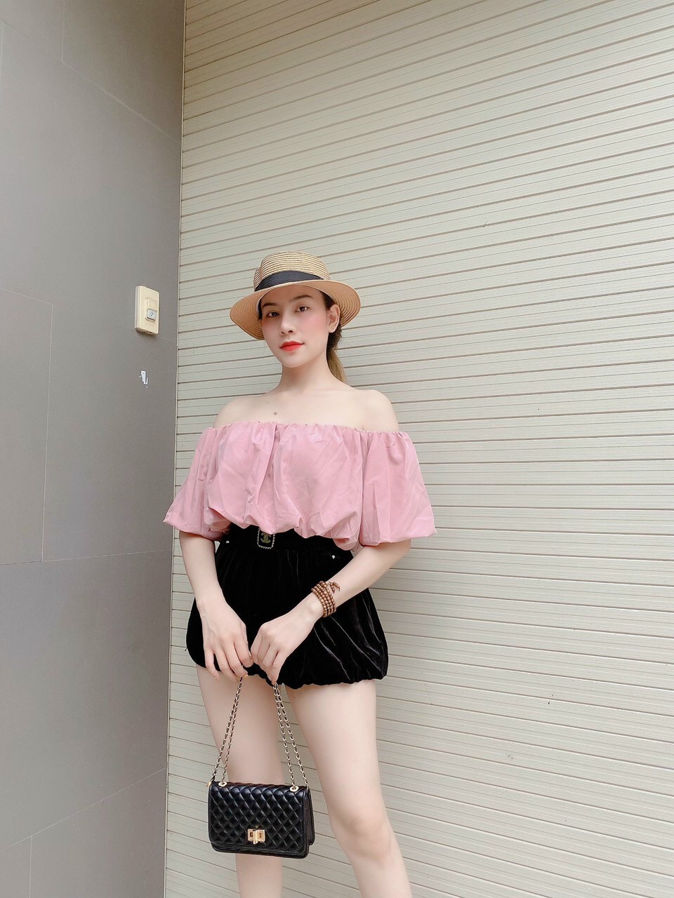 Áo croptop bí kiểu nữ chất vải kate lụa bệt vai bo eo siêu cưng (ảnh thật)
