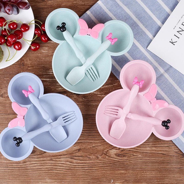Khay ăn dặm lúa mạch hình chuột Mickey kèm thìa dĩa cho bé