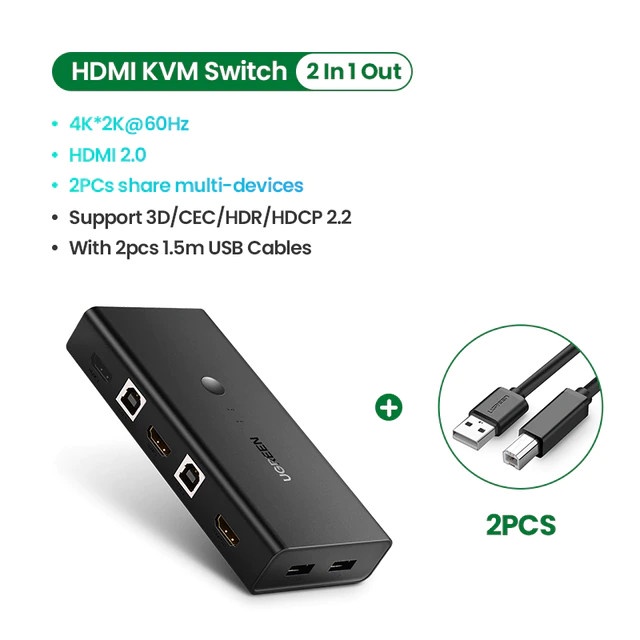 Bộ Chuyển KVM Switch Hdmi 2-1 Chính Hãng UGREEN 50744 (cho kèm 2dây usb)