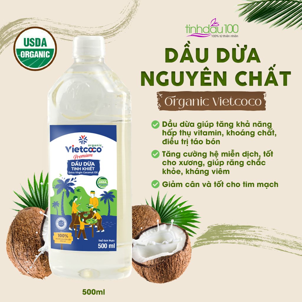Dầu dừa tinh khiết Organic VIetcoco (thực phẩm) - chai 250ml, 500ml, 1lit.....