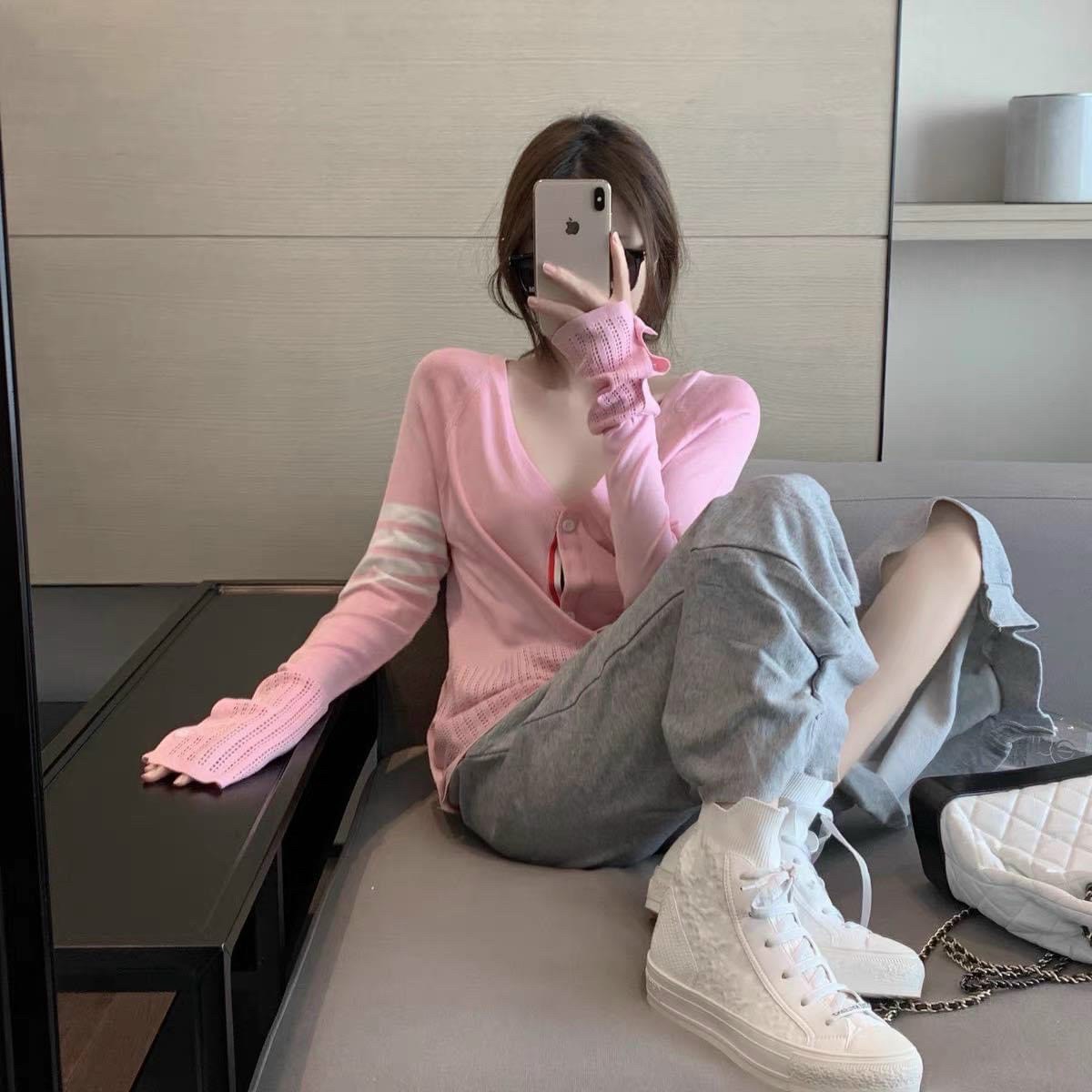 Áo khoác len cardigan nữ tay dài phối sọc
