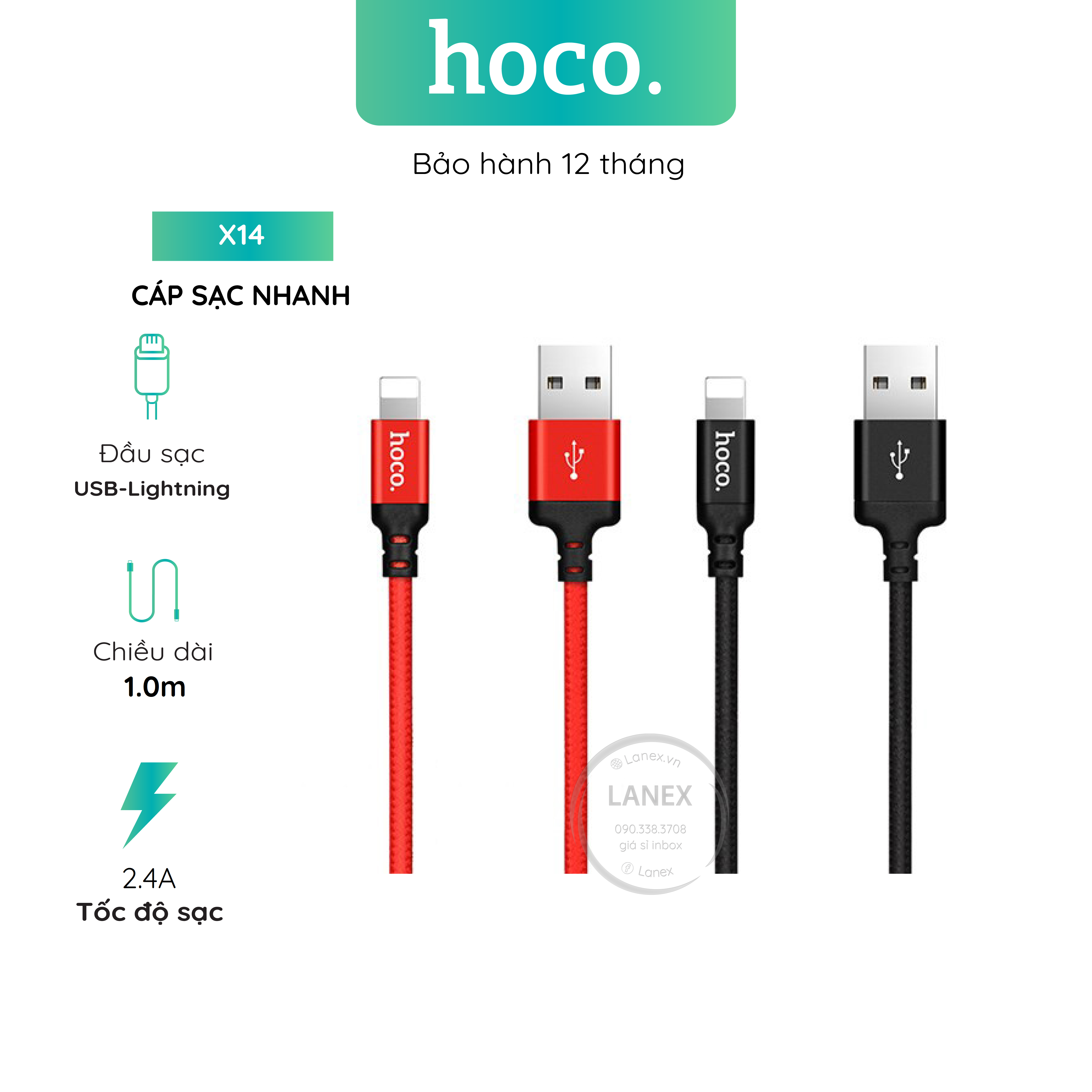 Cáp sạc nhanh hoco x14 dây dù lightning 2.4a dài 1.0m