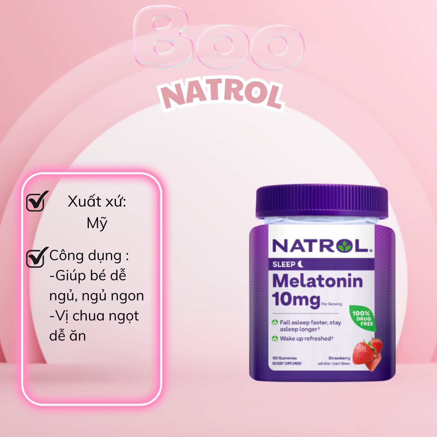 Kẹo Dẻo Giúp Ngủ Ngon Natrol Gummies Melatonin 10mg Strawberry - 90 Viên