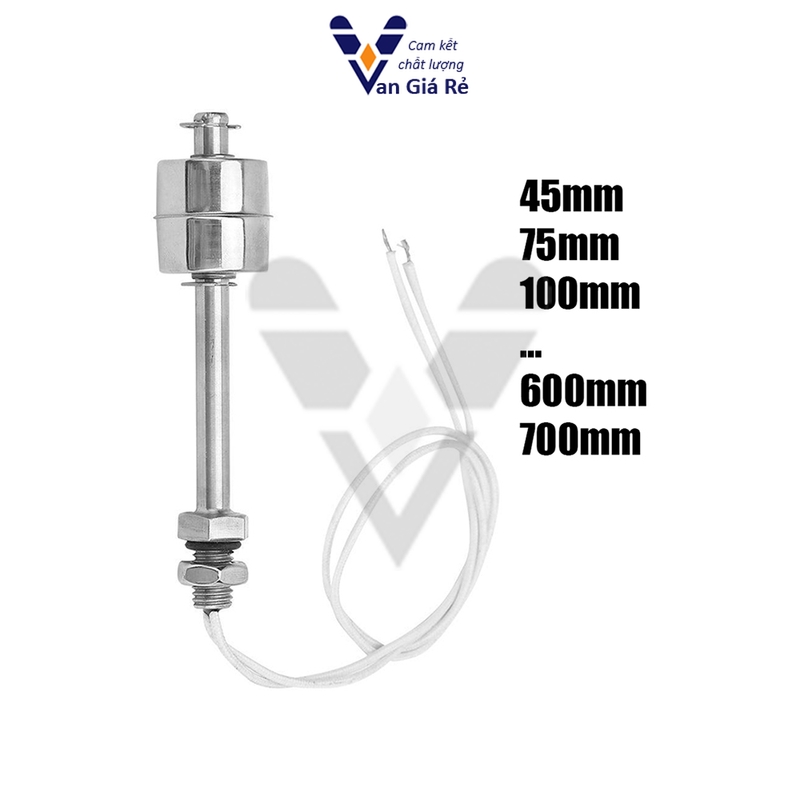 Công tắc phao cảm biến mực nước inox đơn - van phao điện 1 banh (45mm đến 700mm)