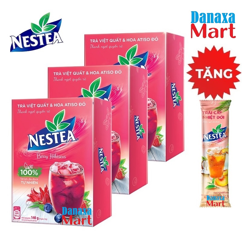 Combo 3 Hộp Trà Nestea Vị Việt Quất Và Hoa Atiso Đỏ (Hộp 10 Gói x 12g) + Tặng gói Trà Hoa quả 12g