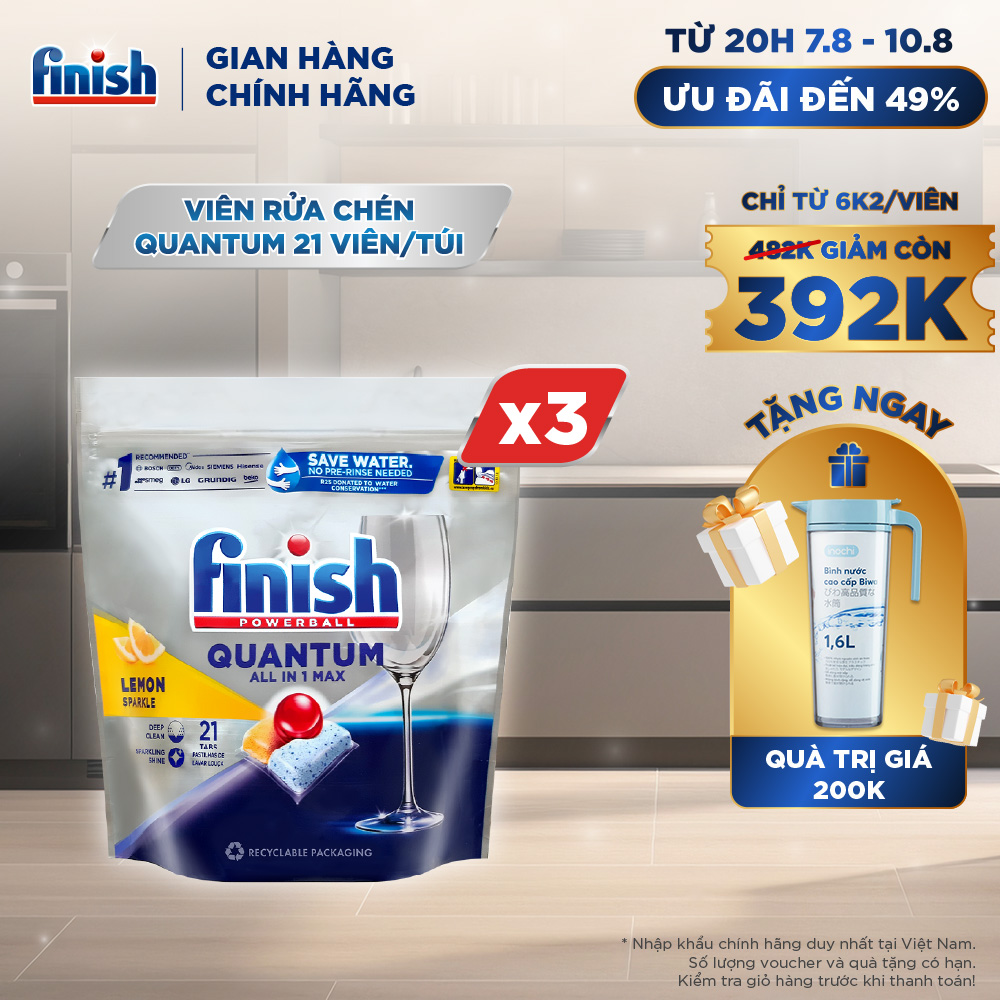Combo 03 túi Viên Rửa Chén Bát Finish Powerball Quantum 21 viên
