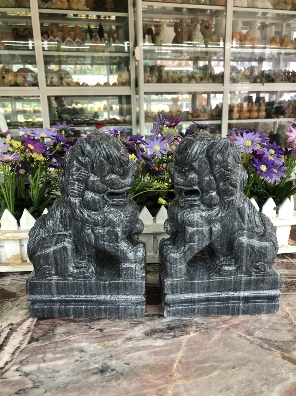 Cặp tượng Kỳ Lân phong thủy đá cẩm thạch vân đen - Cao 20 cm