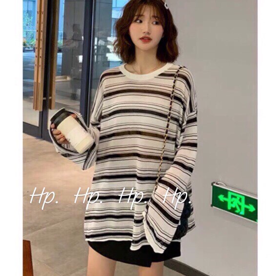 Hien fashion Áo Nữ Kẻ Phông Dáng Thụng Tay Dài Thời Trang (Trắng và Đen) Đẹp Lăm Nha