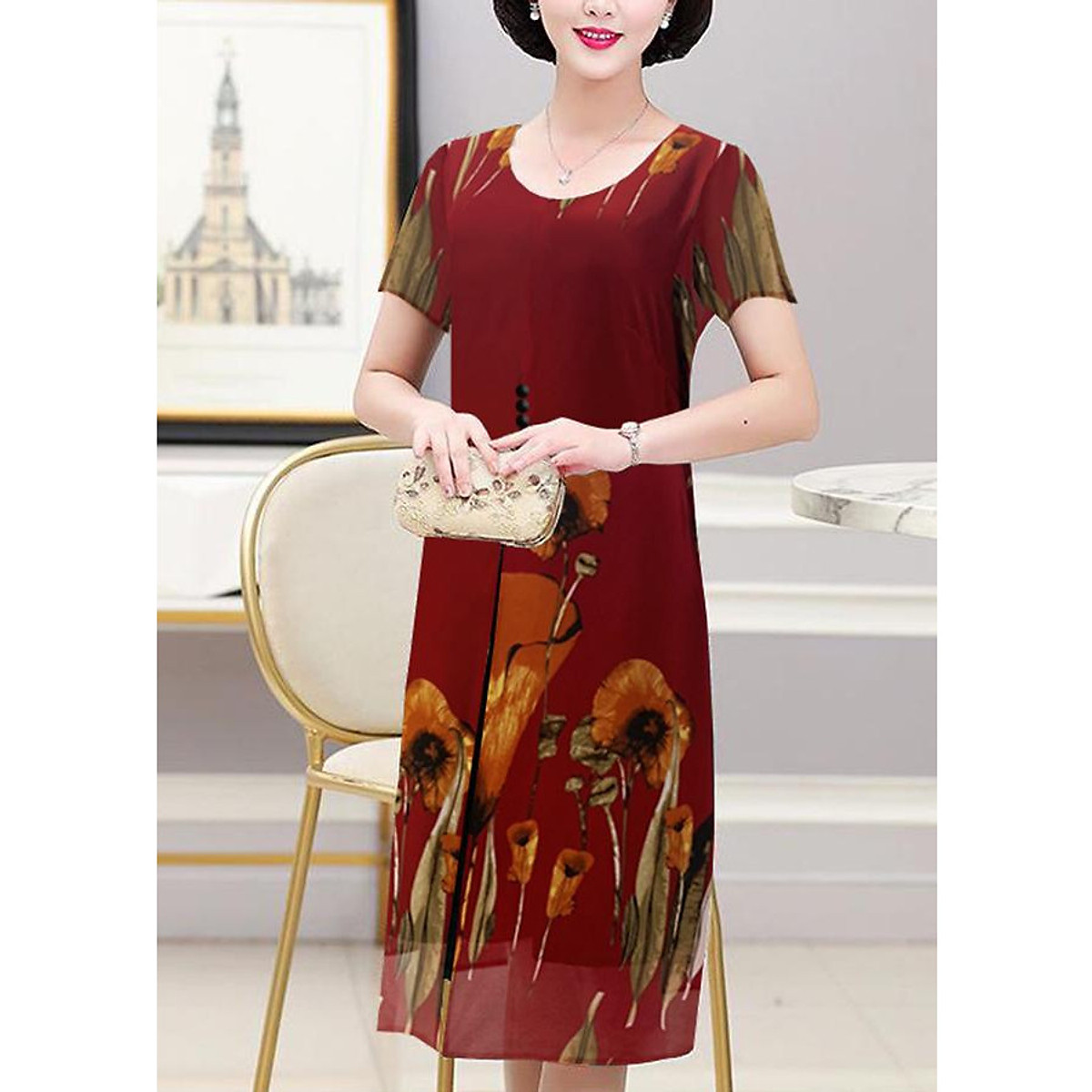 Đầm Váy Trung Niên Dáng Dài Dạng Đầm Suông BigSize Quý Bà Phối 3 Nút In Hoa - Thời Trang Trung Niên Nữ GOTI 3296D