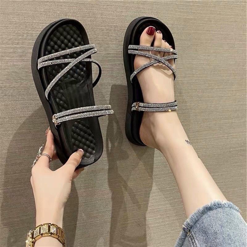 Dép Quai Dây Đính Đá Sandal Nữ Đế Độn 5cm ( Hàng QC loại 1 full box )