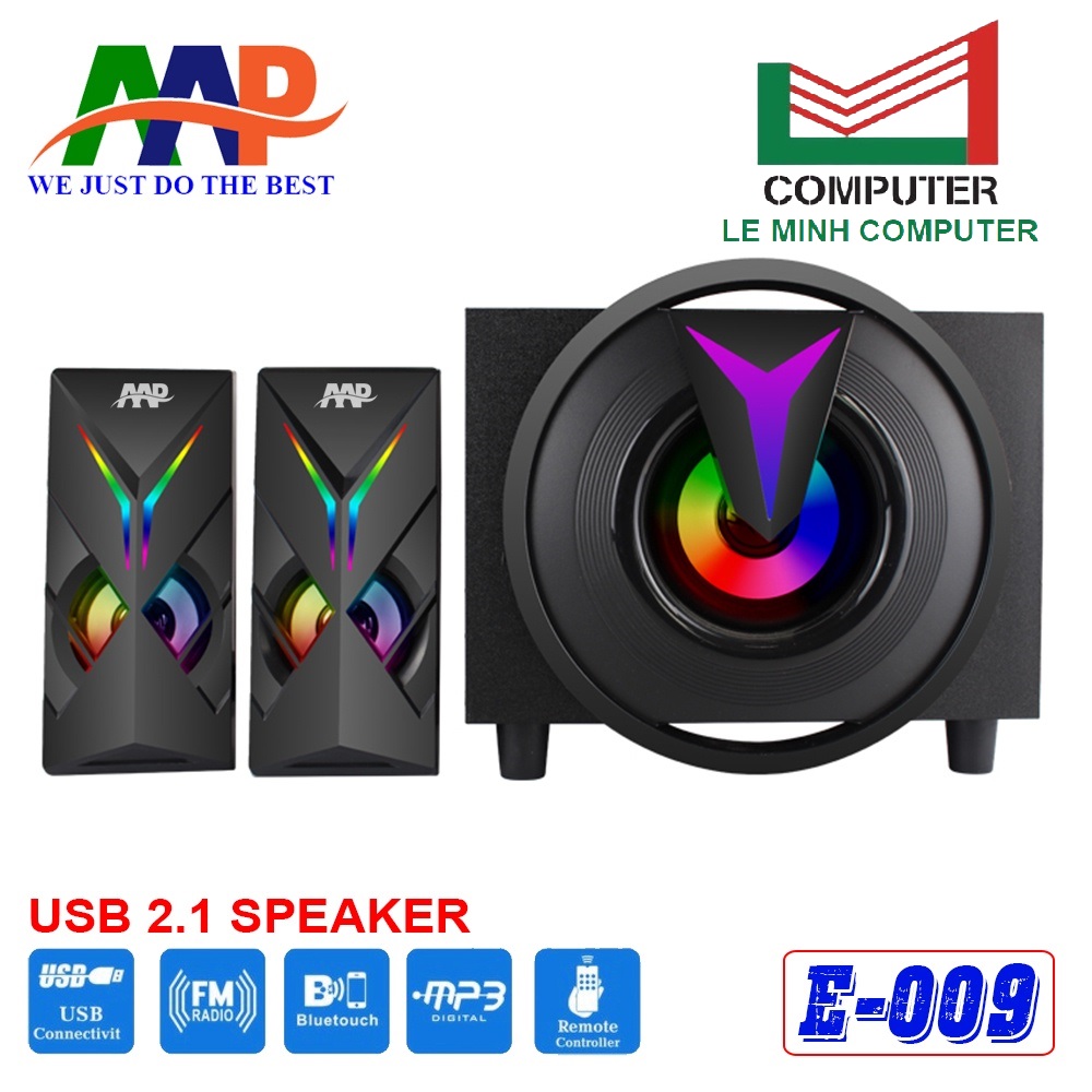 Loa vi tính 2.1 aap e009 led chính hãng aux, bluetooth, usb, thẻ nhớ, fm, remote
