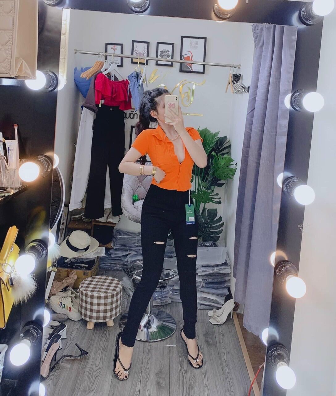 Jeans dài lưng cao co giãn rách 3line