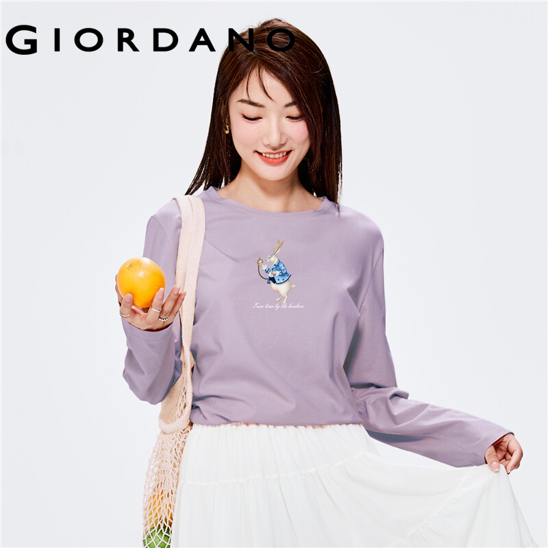 Áo thun nữ T-shirt cổ tròn tay áo dài phối hình thời trang chất vải cotton thoải mái thường ngày GIORDANO Free Shipping 99392103