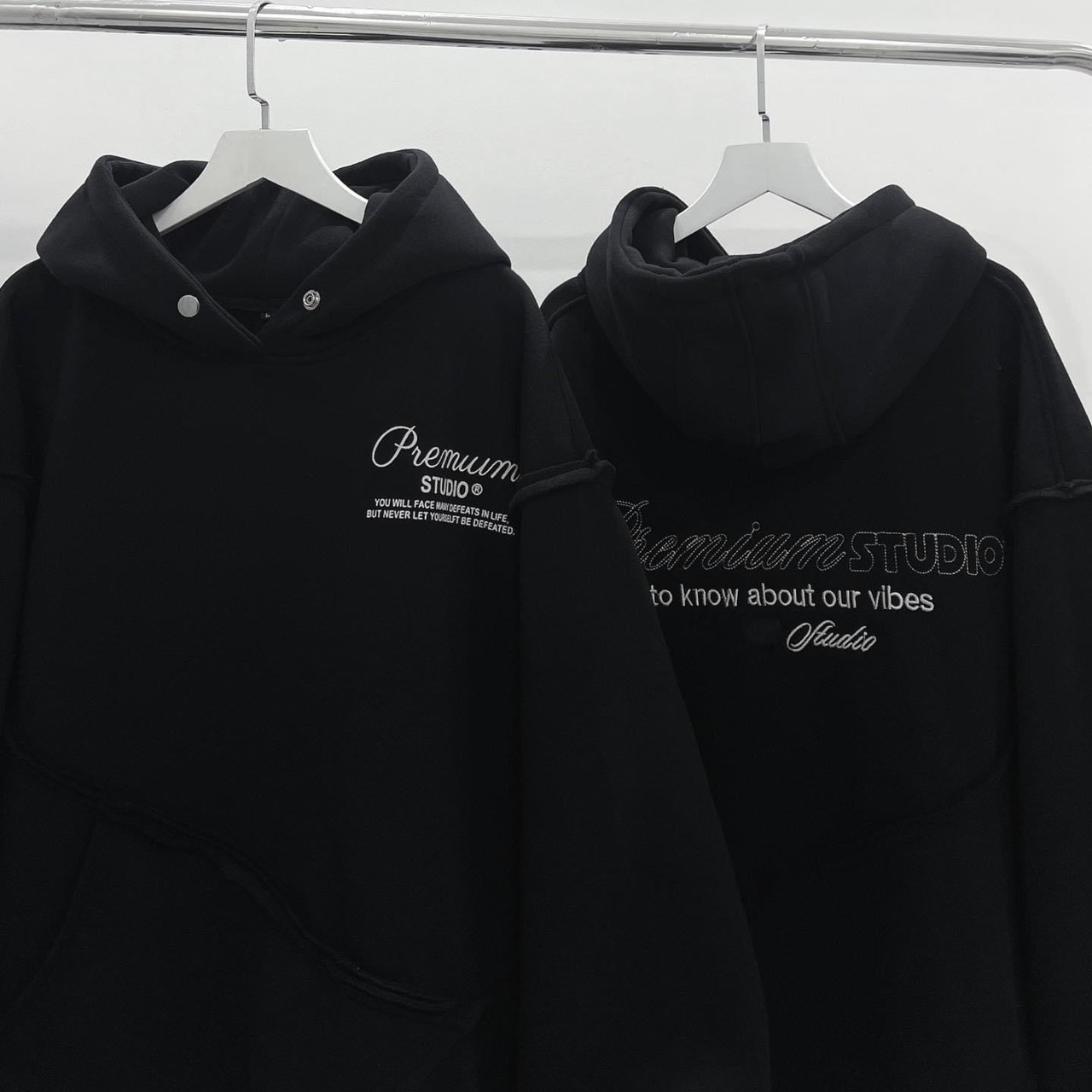 Áo khoác hoodie thêu chữ PREMIUM STUDIO màu đen vải nỉ lót bông form rộng unisex nam nữ