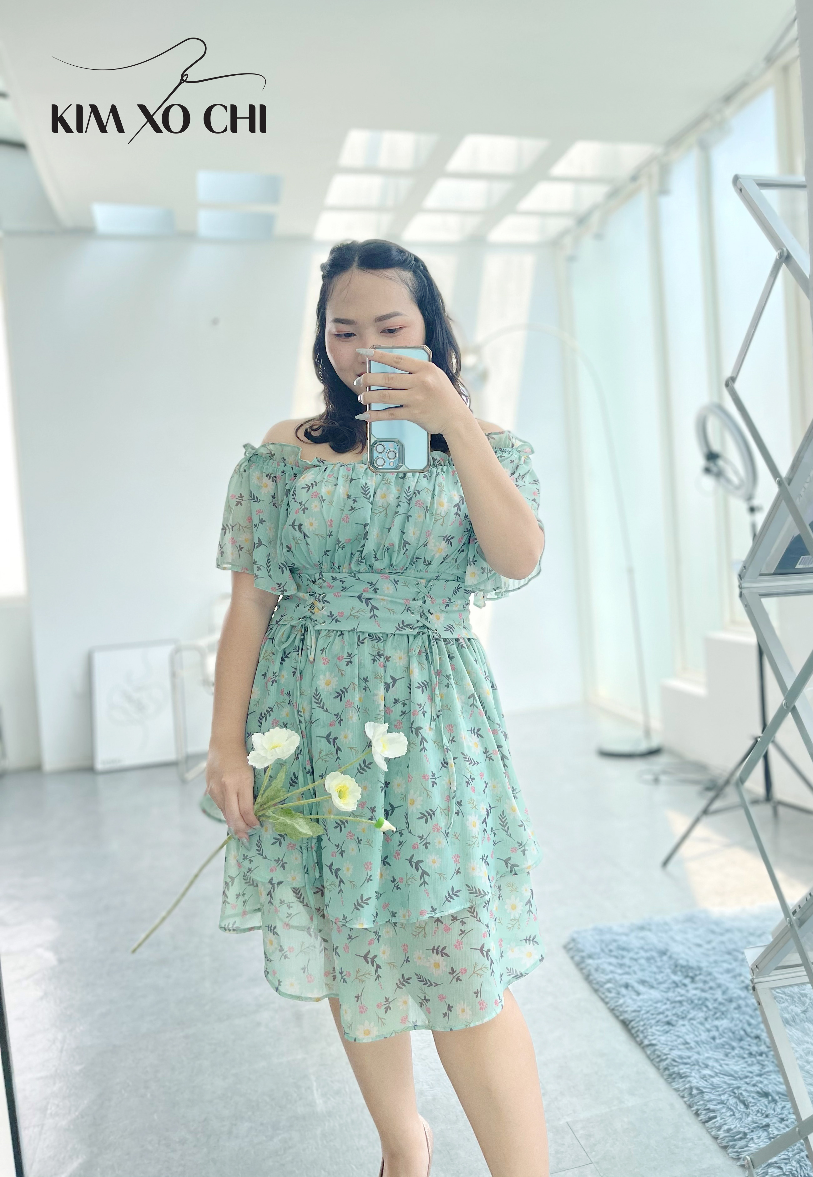 Đầm bigsize trễ vai họa tiết in hoa