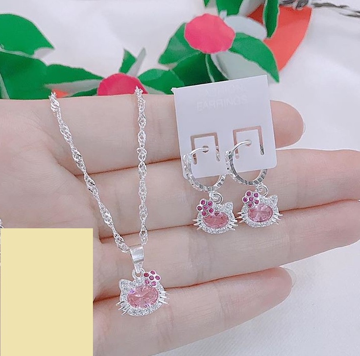Dây chuyền và bông tai bạc kitty trẻ em