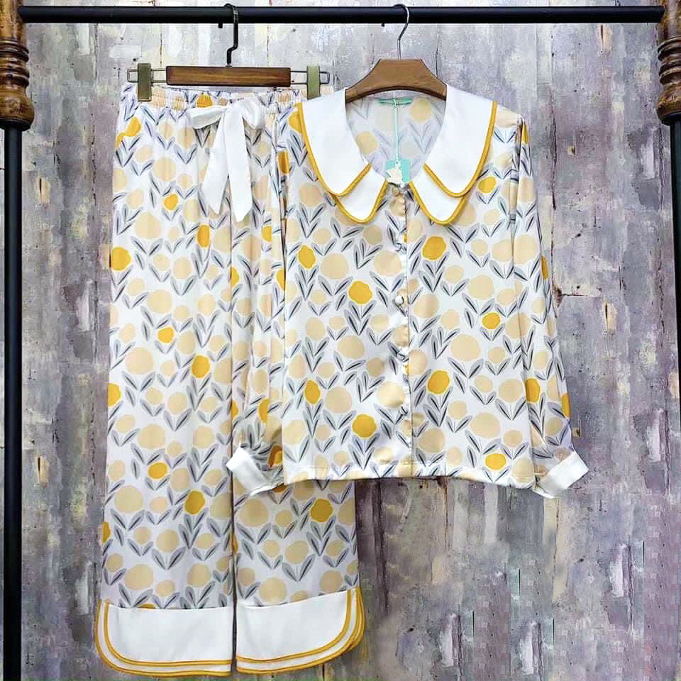 【LỤA】SET Đồ Ngủ Pijama Lụa Cao Cấp Hoa Vàng, Quần dài (Dài Tay), Size S,M,L (40-64kg)