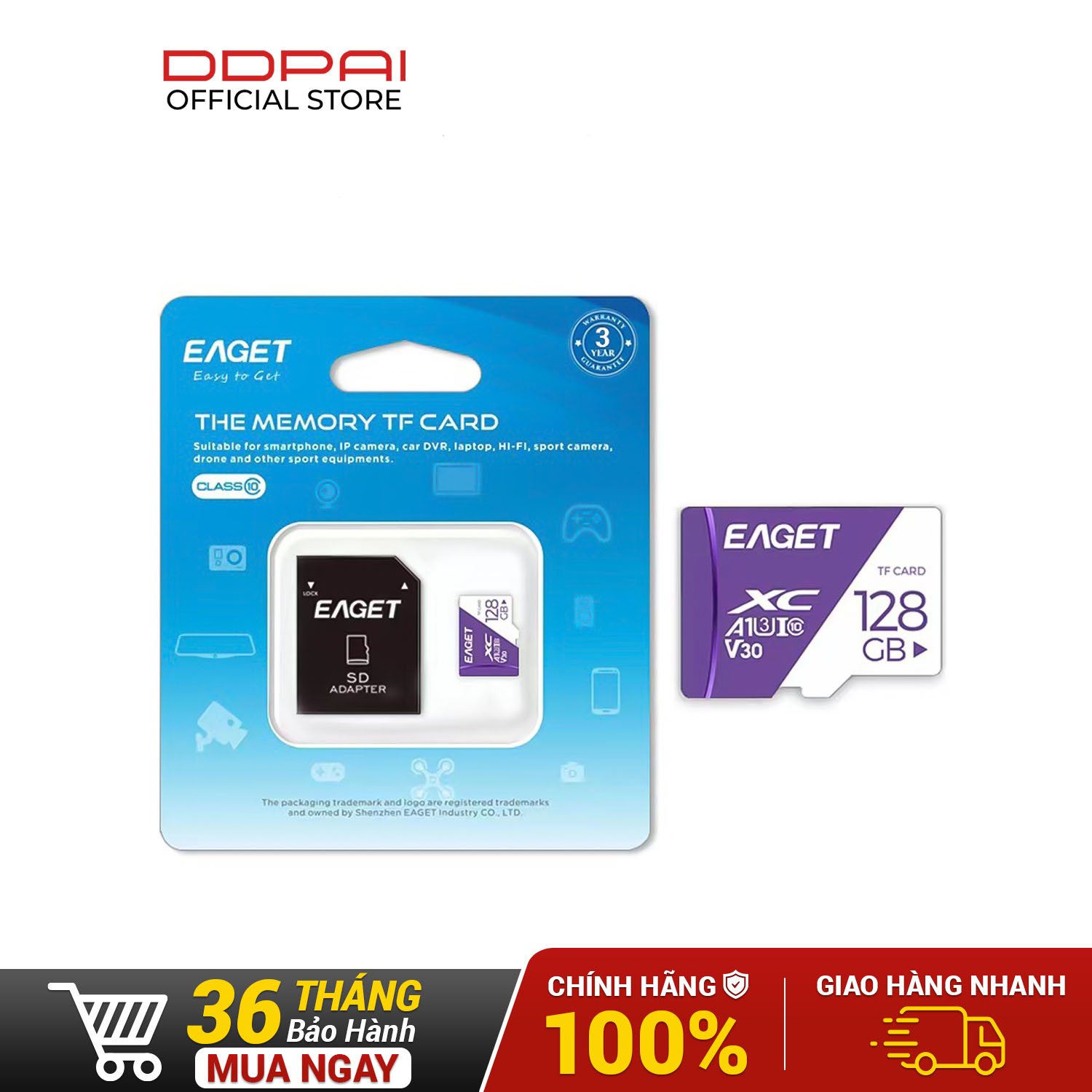Thẻ nhớ MicroSD Eaget tốc độ cao Class 10, 32GB/64GB/128GB, Bảo hành CH 36th