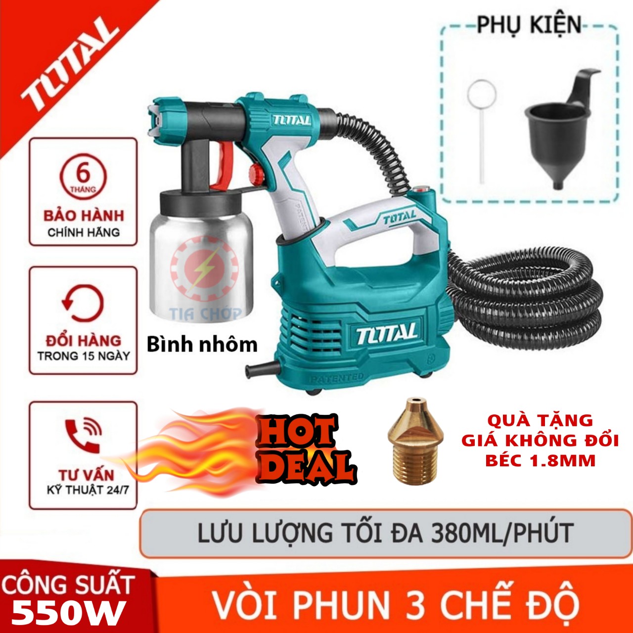 MÁY PHUN SƠN DÙNG ĐIỆN TOTAL 500W TT5006-2 Bình Nhôm - Tặng kèm thêm 1 béc phun mịn 1.8mm