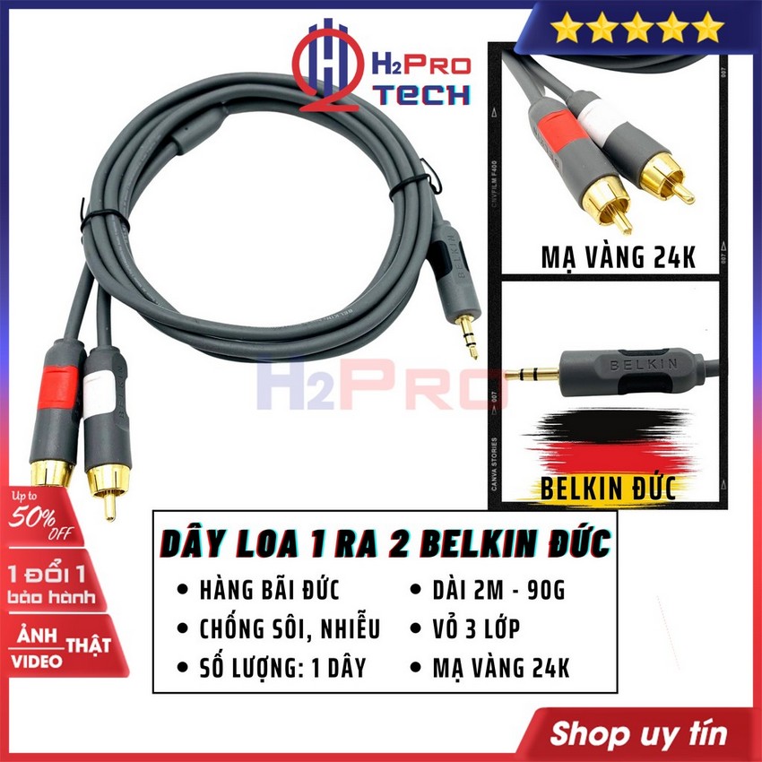 Dây Loa 1 Ra 2 Dây 1 Đầu 3.5 Ra 2 Đầu Av Belkin Đức, Chuyển Audio 3.5 Ra 2 Av Hoa Sen Cao Cấp, Dài 2m-H2pro Tech