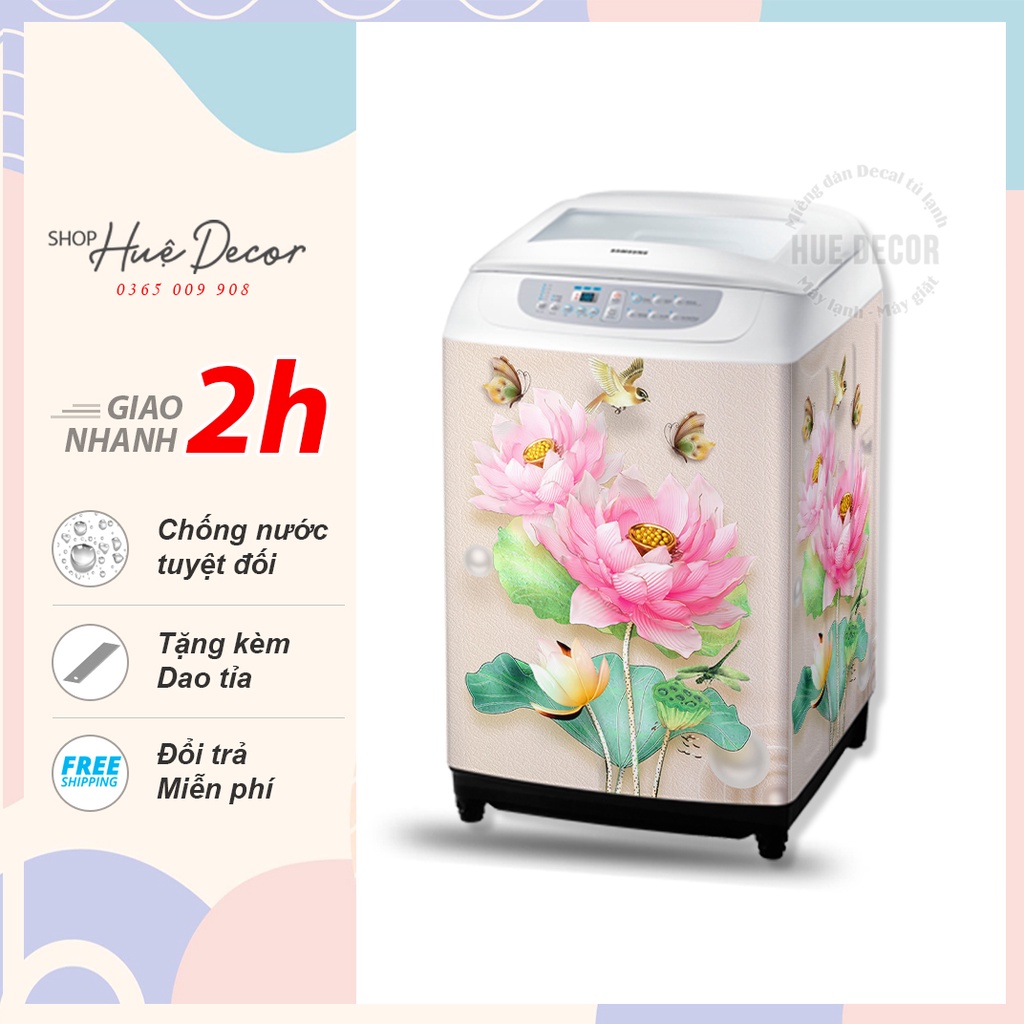 Decal trang trí máy giặt 3d  hoa sen hồng