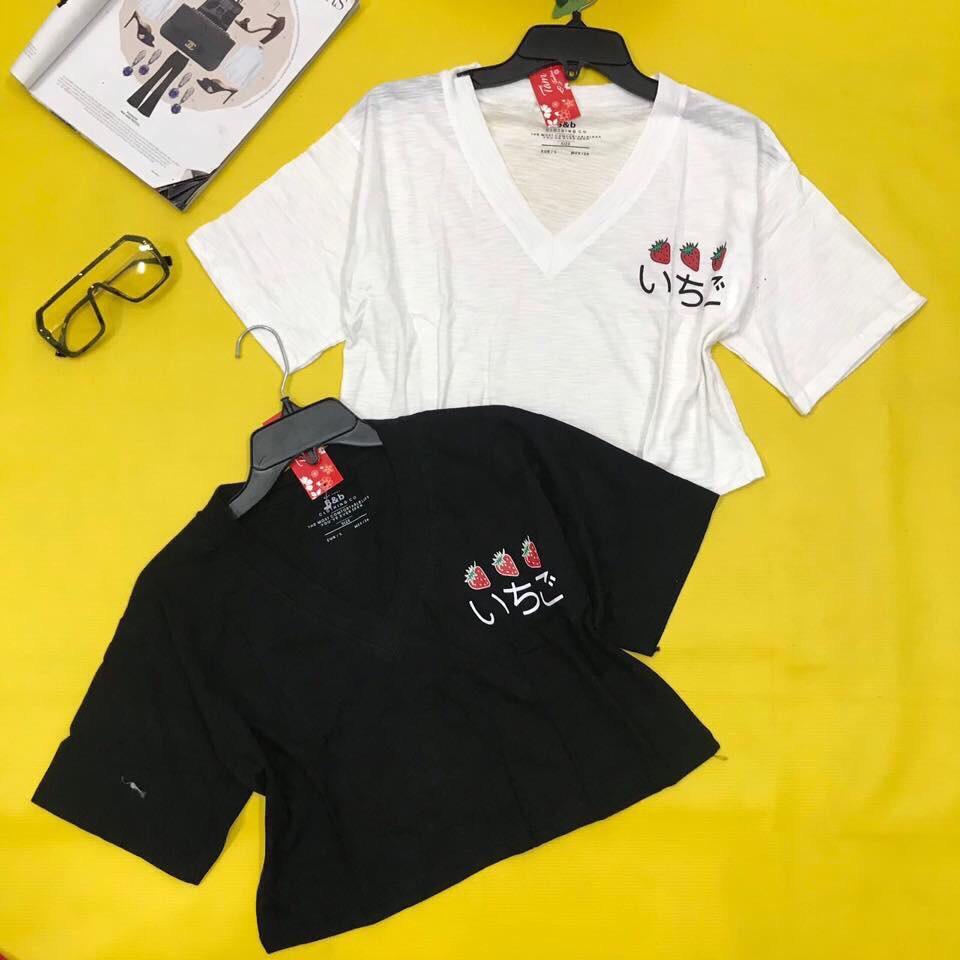 Áo Thun Lụa Cổ Tim Form Croptop In Hình Trán Dâu Cá Tính TTS0494