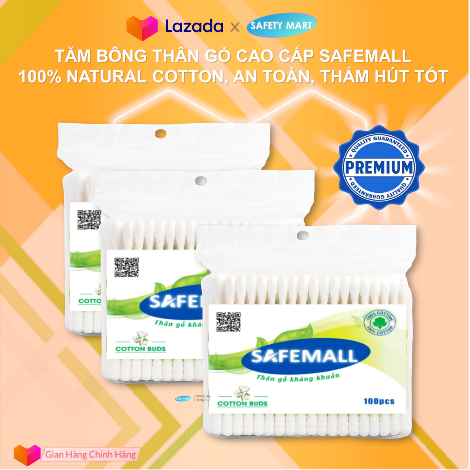 [Wholesale] 100 combo package cotton swab wood body 100 Rod safemall premium-wool cotton soft antibacterial, eco-friendly multi-uses-the VN export safety Mart official