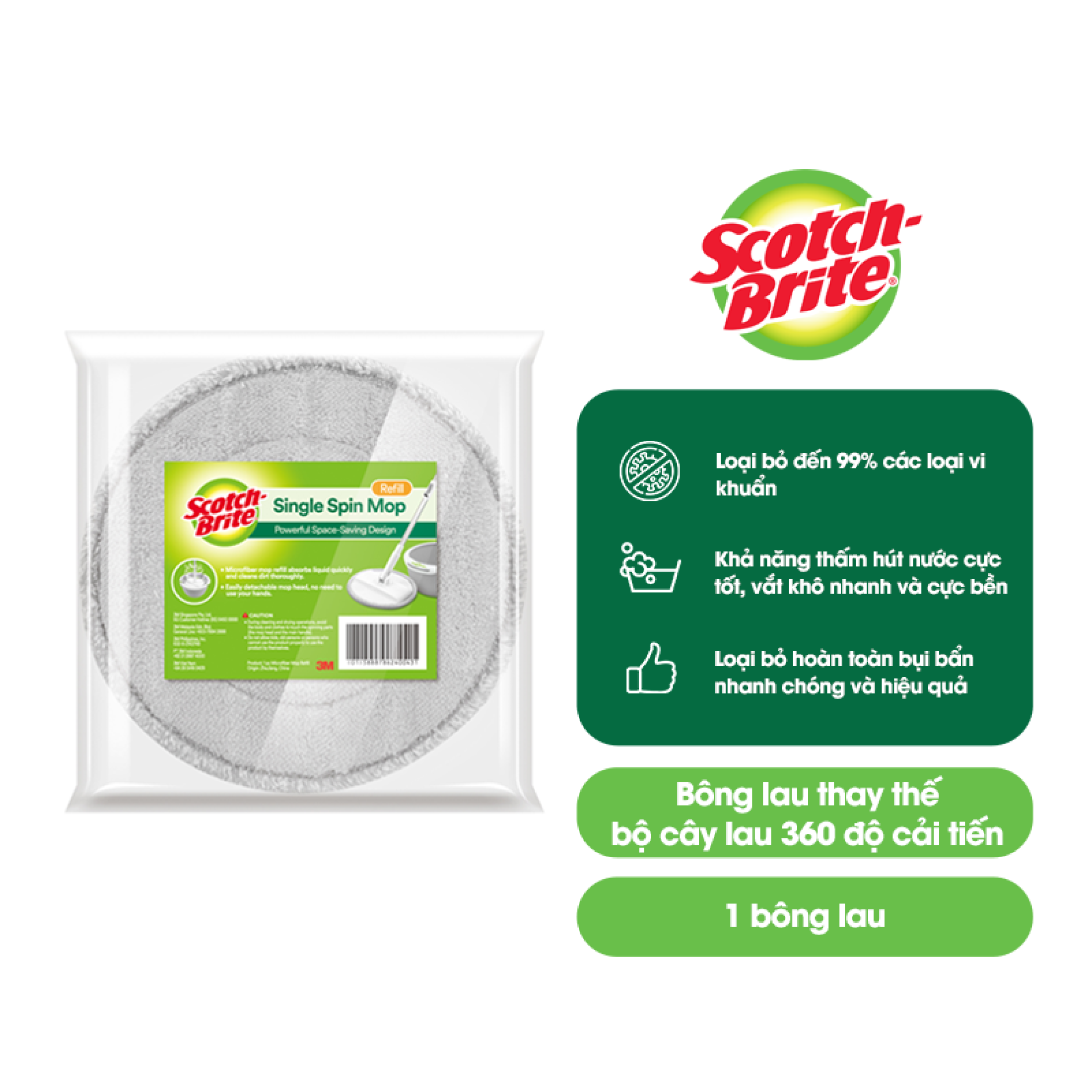 Bông lau Microfiber thay thế Bộ cây lau nhà Microfiber 360 độ Scotch-Brite (Cót rai) 3M 1910 Thế hệ mới - PuDa Mall, BONGLAU360-CT