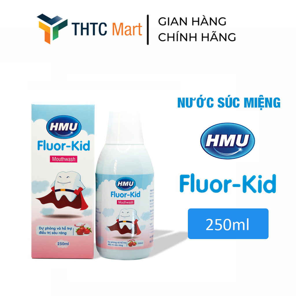 Nước súc miệng trẻ em HMU Fluor Kid dự phòng và hỗ trợ điều trị sâu răng cho trẻ em chai 250ml vị dâu
