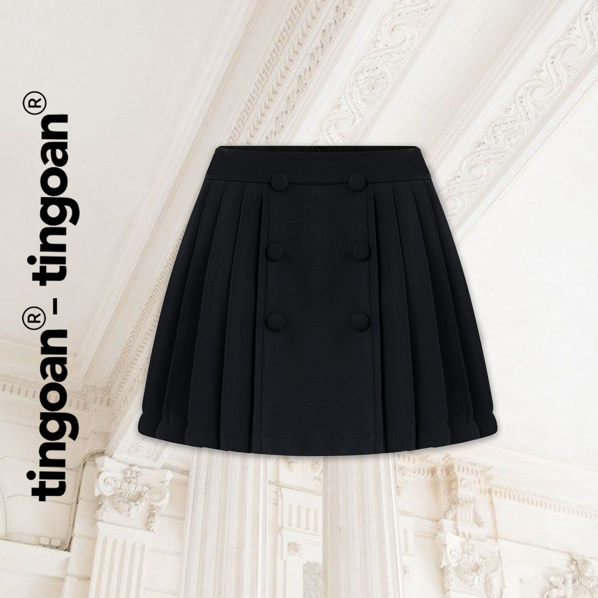 Tingoan® - chân váy ngắn xếp ly đối xứng phối 6 cúc đen anna skirt/bl