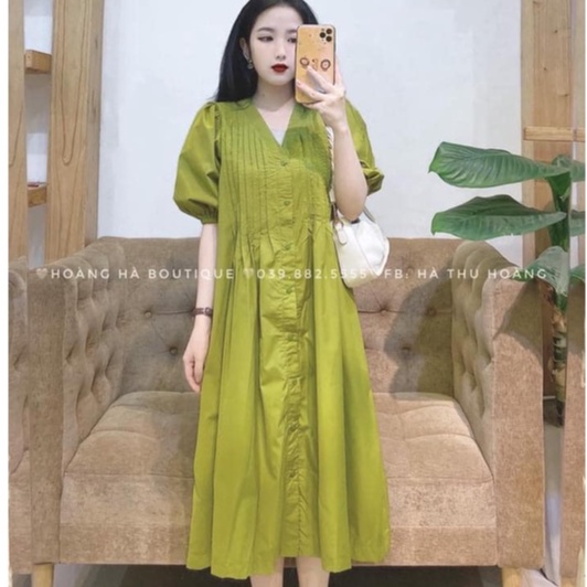 Đầm sơ mi cổ V dập ly ngực dáng dài siêu xinh 3 màu