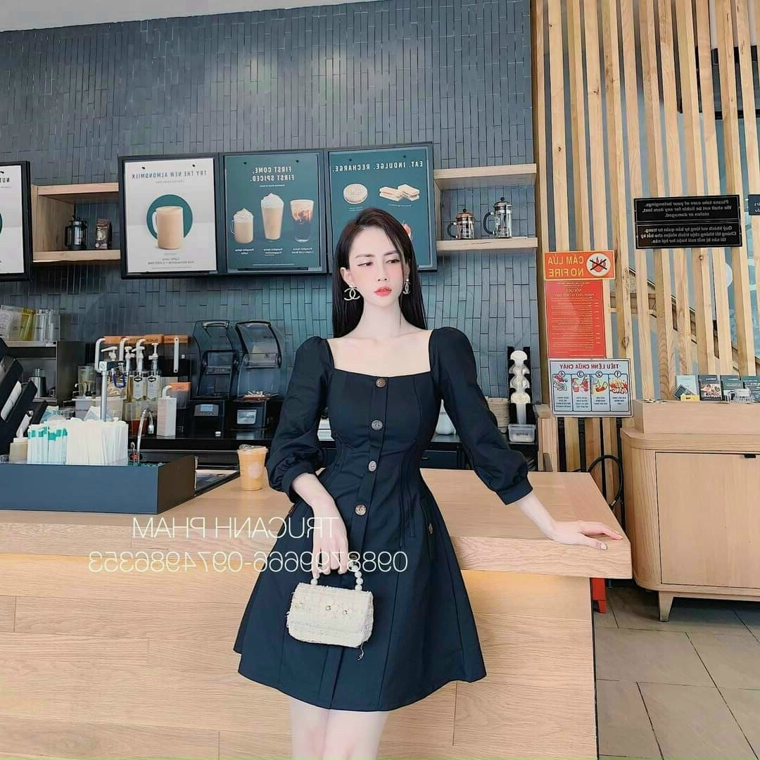 Đầm tay dài nút bọc-TH#damnu