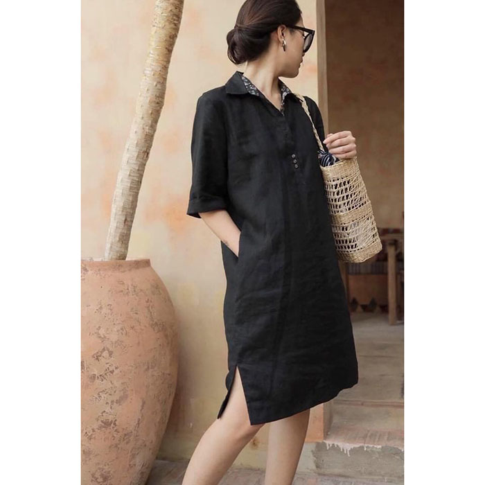 Đầm suông linen tay lỡ cổ đức túi sườn chất vải linen mềm mát thời trang hè thu 2021