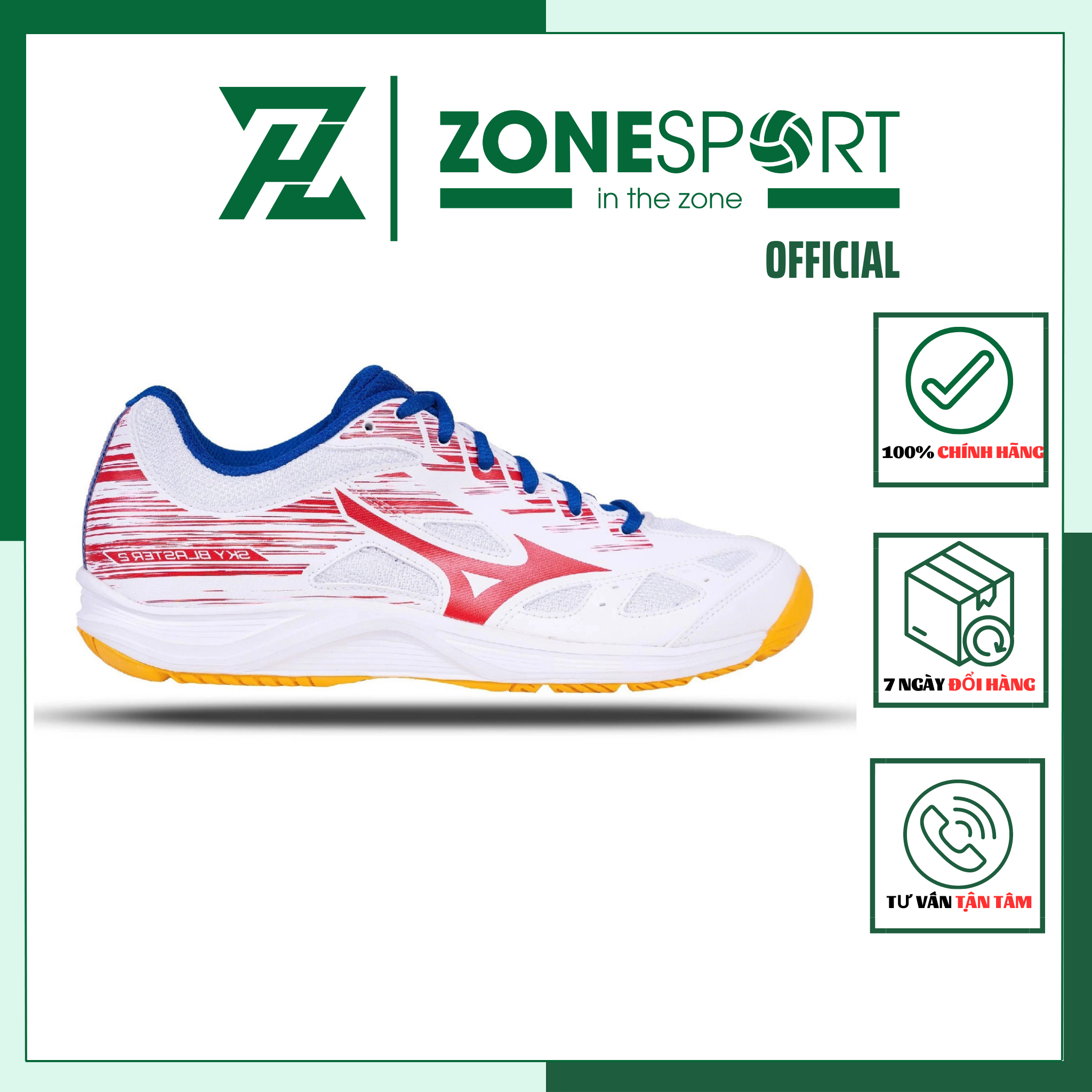 Giày Mizuno Sky Blaster 2 Trắng Xanh Đỏ - Giày Chuyên Cầu Lông, Tennis, Bóng Chuyền cổ thấp, êm chân, bám sàn, giảm chấn