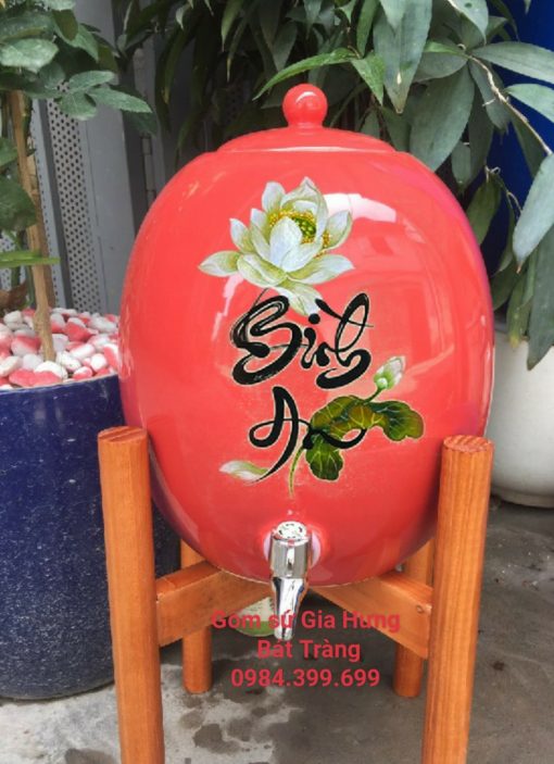Bình đựng nước gốm sứ Bát Tràng dáng tròn màu đỏ