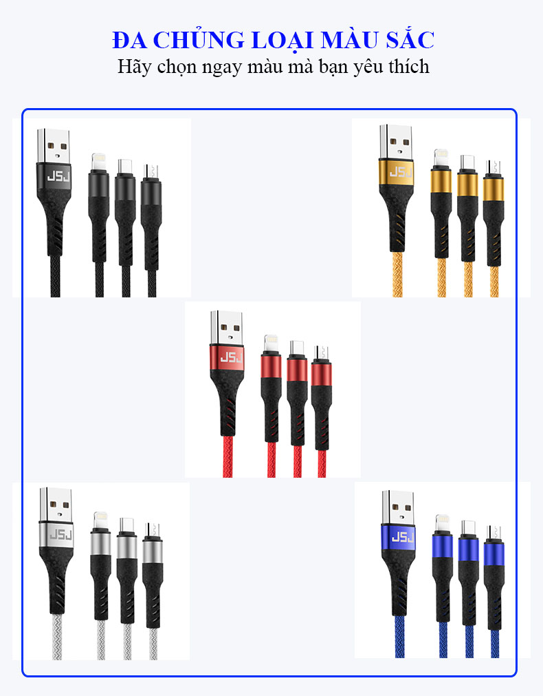 Cáp sạc nhanh 3 đầu (Type-C, Micro USB, Lightning) 3.0A JSJ USB-233 dài 1.2m