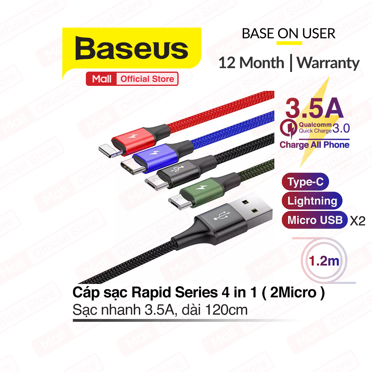 [ Mã giảm giá 60k cho đơn hàng từ 400k ] Cáp sạc Baseus Rapid Series 4 in 1 Cable tích hợp 4 đầu kết nối Type C Android và Lightning ( 2Lightning/2Micro/2Type-c ) hỗ trợ sạc nhanh lên đến 3.5A dài 120cm