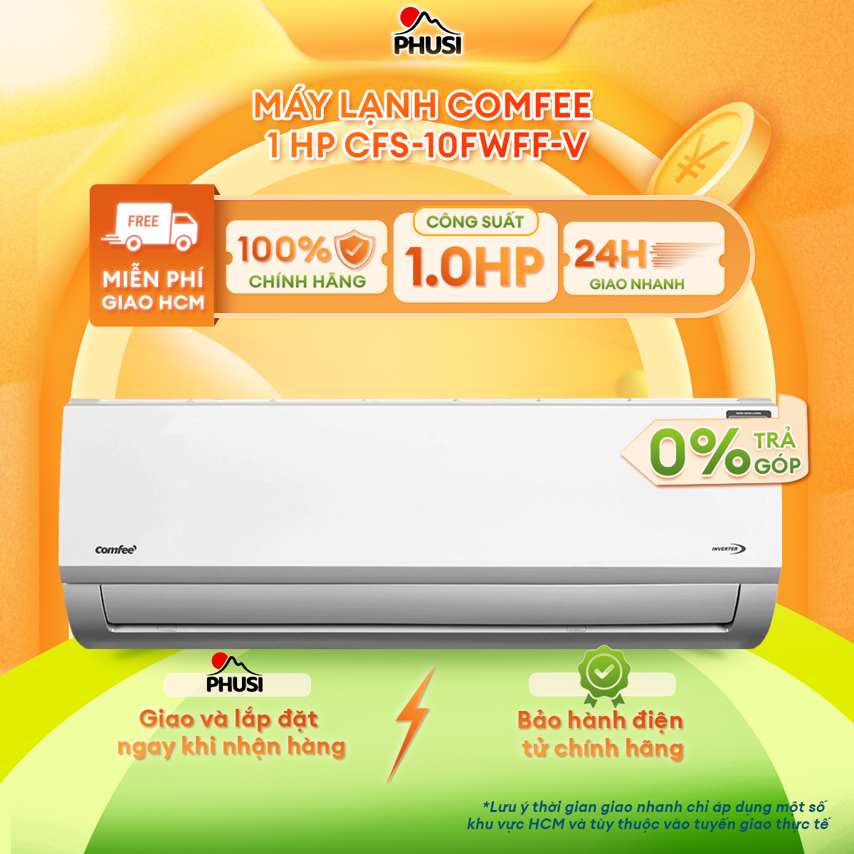 [Hỗ trợ lắp đặt] Máy Lạnh Comfee 1 HP CFS-10FWFF-V Công suất làm lạnh 1 HP - 9.000 BTU, Al Cool - Điều khiển bằng giọng nói