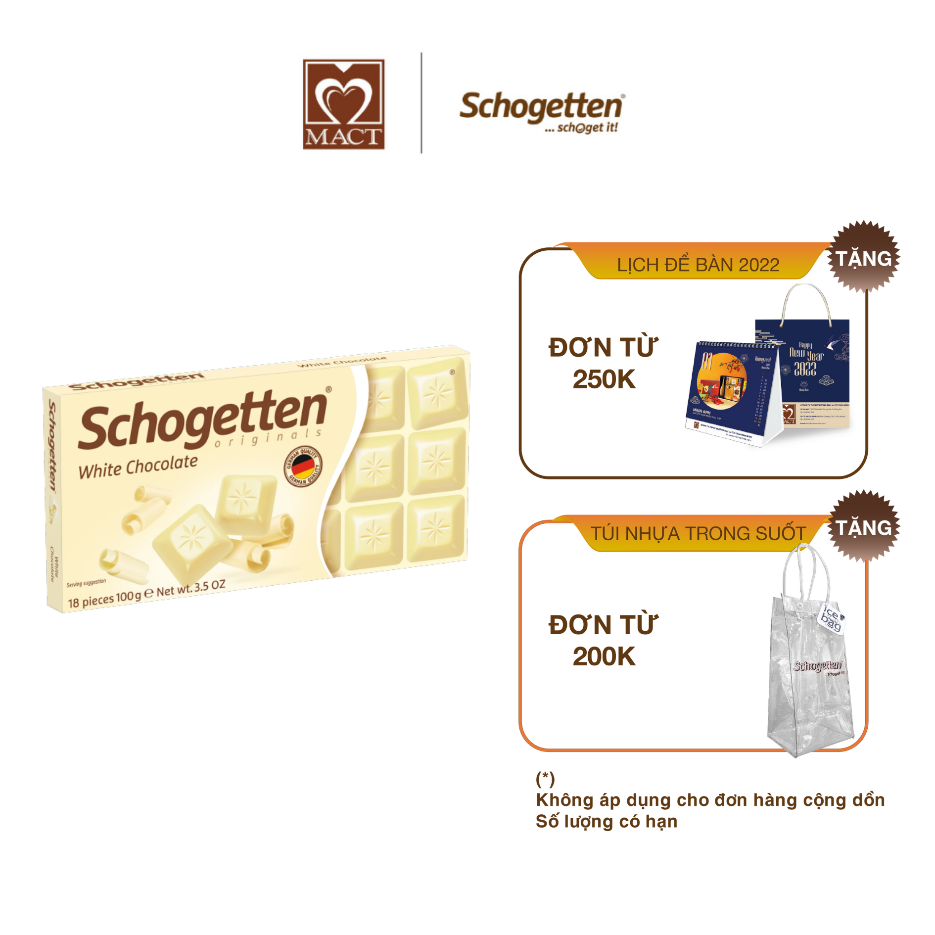 Sôcôla SCHOGETTEN - Vị trắng White Chocolate - thanh 100g gồm 18 viên rời