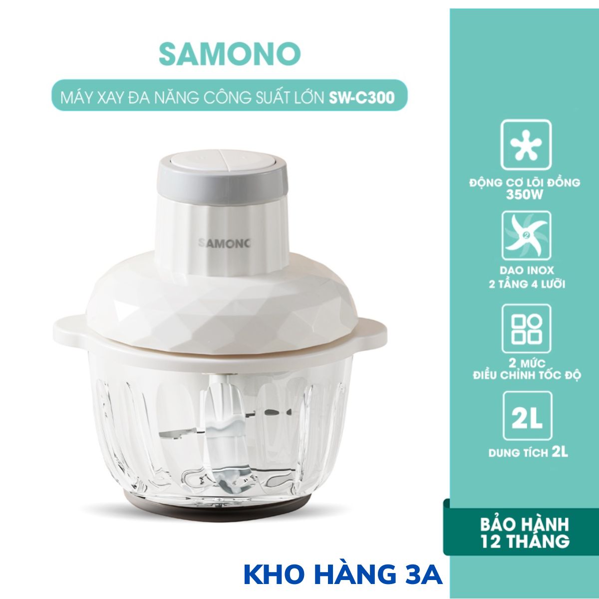 Máy xay thực phẩm Samono SW-C300 2L công suất lớn 350W, máy xay đa năng thịt củ tỏi ớt