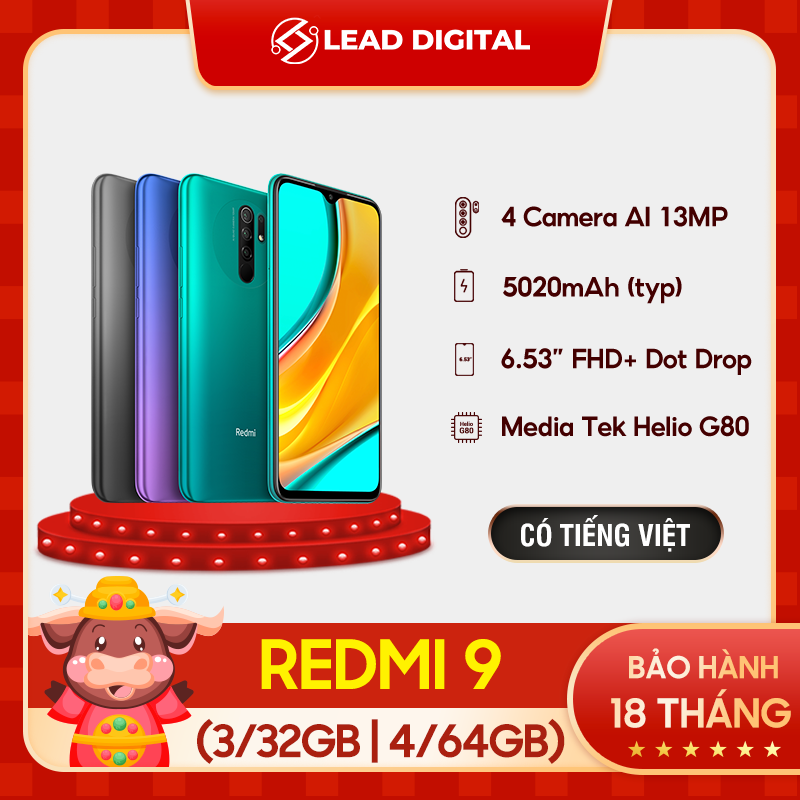 TRẢ GÓP 0% | [BẢN QUỐC TẾ] Điện thoại Xiaomi Redmi 9 3GB/32GB | 4GB/64GB - FULL TIẾNG VIỆT - Chip Helio G80 8 nhân, Màn hình 6.53 FHD+, Camera 12MP/8MP/5MP/2MP, Pin 5020 mAh sạc nhanh 18W, Cảm biến vân tay, nhận diện khuôn mặt - BH